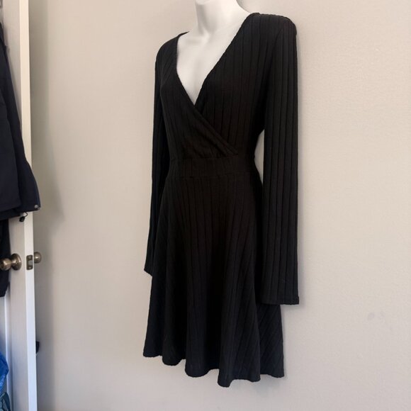 Black Ribbed Wrap Dress | Long Sleeve V-Neck | Size L - Picture 3 of 7